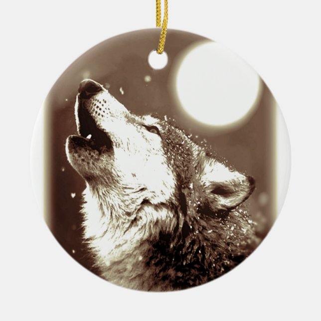Sepia Wolf & Moon Ceramic Ornament (Front)