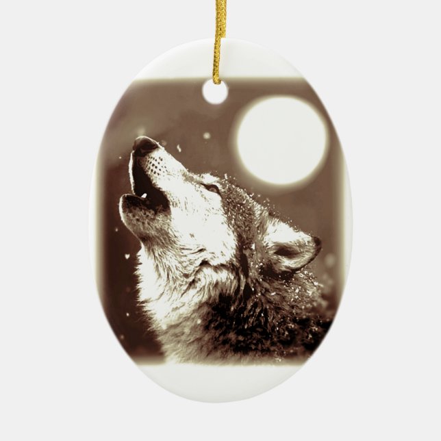 Sepia Wolf & Moon Ceramic Tree Decoration (Front)
