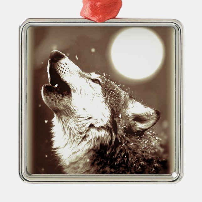 Sepia Wolf & Moon Metal Tree Decoration (Front)