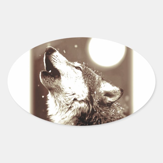 Sepia Wolf & Moon Oval Sticker (Front)