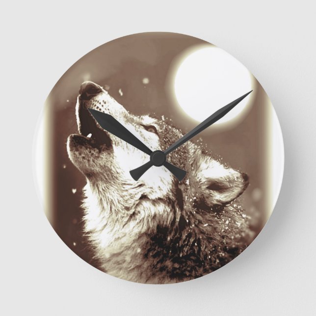 Sepia Wolf & Moon Round Clock (Front)