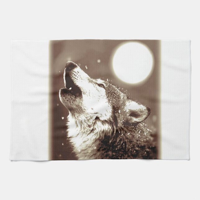 Sepia Wolf & Moon Tea Towel (Horizontal)
