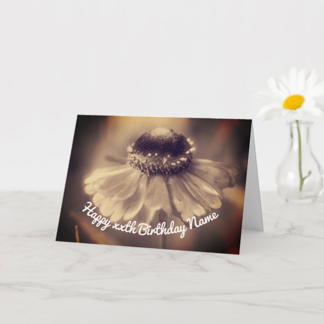 Sepia Zinnia Flower Personalised Birthday  Card (Small Plant)