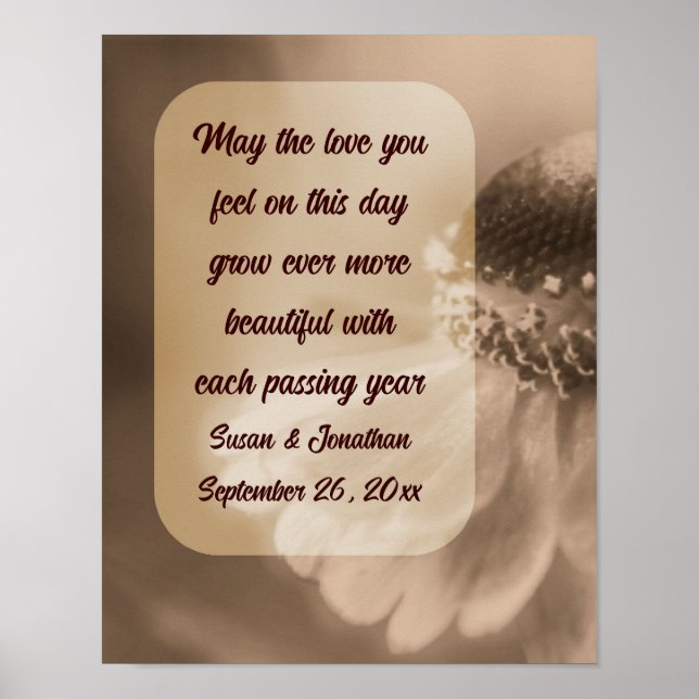 Sepia Zinnia Flower Personalised Wedding  Poster (Front)