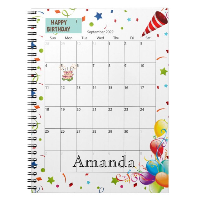 September 2022 Calendar Happy Birthday Notebook (Front)
