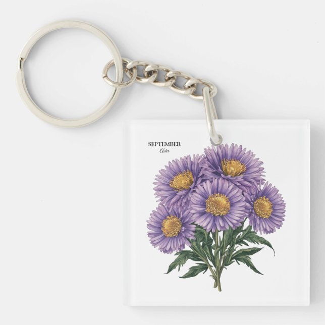 September Aster Birth Month Custom Floral Art Key Ring (Front)