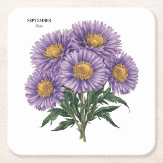 September Aster Birth Month Custom Floral Art Square Paper Coaster
