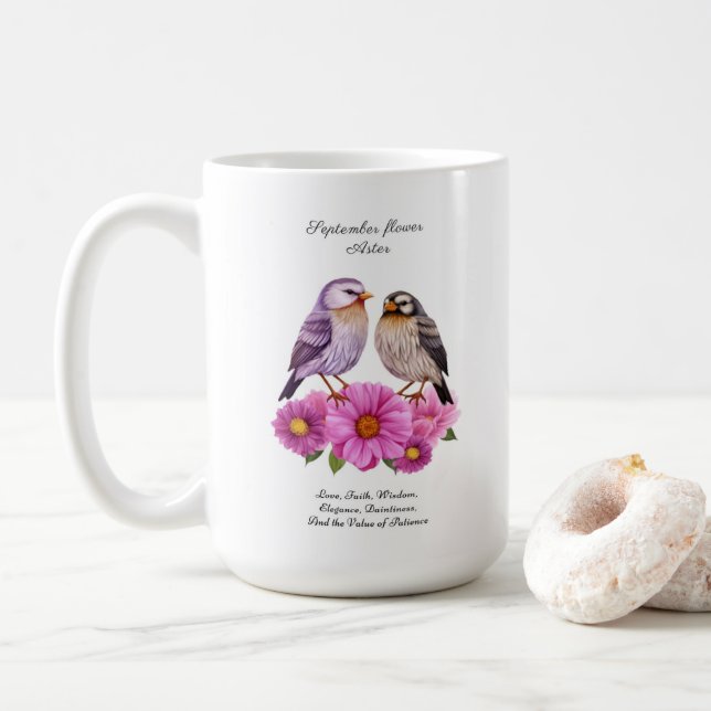 September Aster Flower with Birds Birth Gift  Coffee Mug (With Donut)