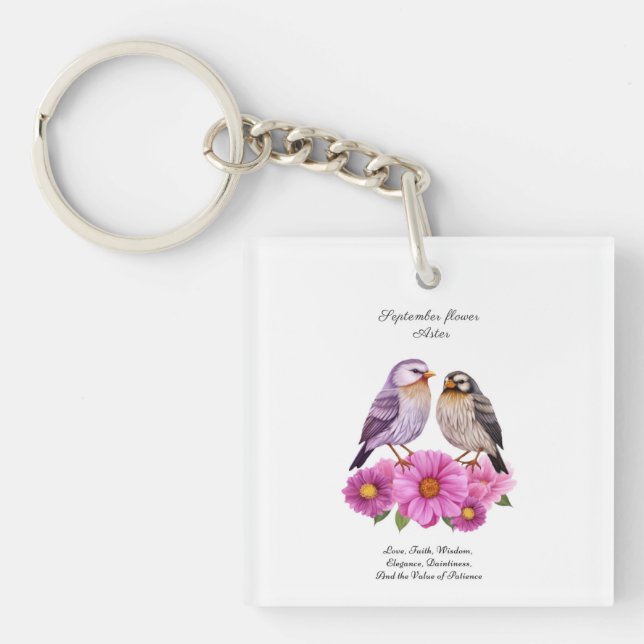 September Aster Flower with Birds Birth Gift  Key Ring (Front)