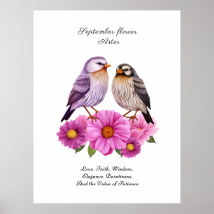 September Aster Flower with Birds Birth Gift  Poster