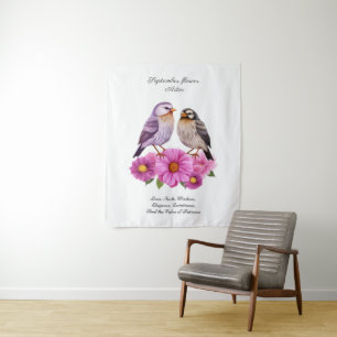 September Aster Flower with Birds Birth Gift Tapestry