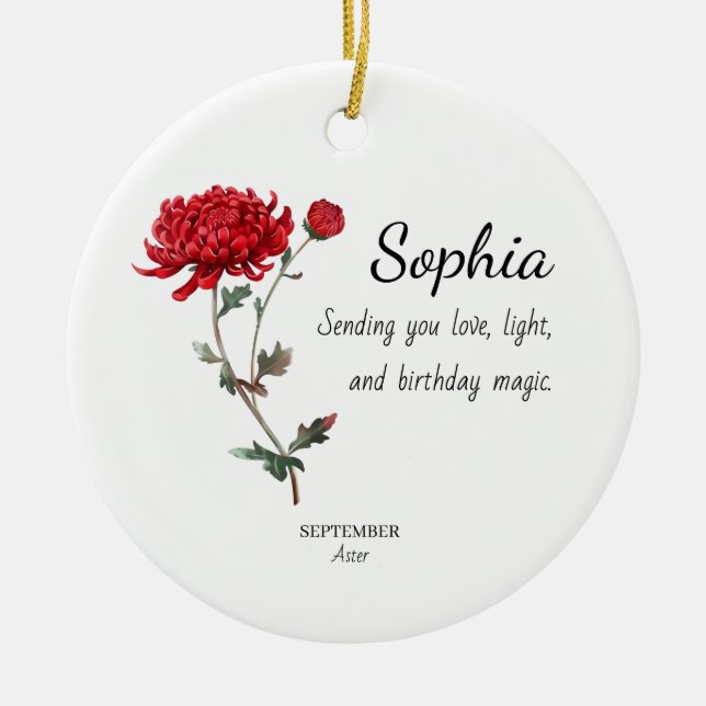 September Aster Personalised Birthday Ceramic Ornament (Front)
