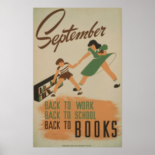 September Back To Work, School, Books Vintage WPA  Poster