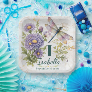 September Birth Flower Aster & Dragonfly Paper Plate