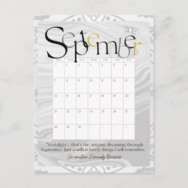 September Grey Modern Monthly Calendar 2025 Postcard (Front)