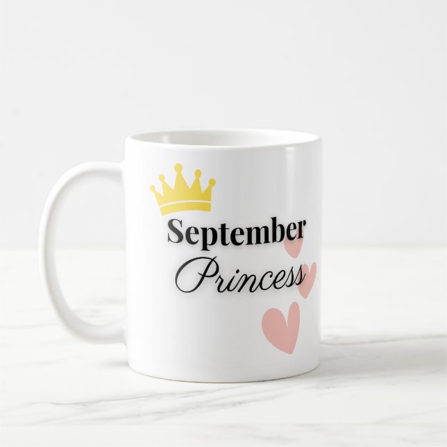 September Princess Mug – Gold Crown & Hearts (Left)