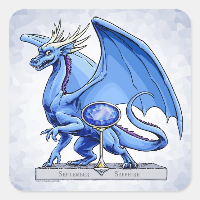 September’s Birthstone Dragon: Sapphire Square Sticker (Front)