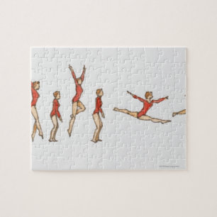 Sequence of illustrations showing female gymnast jigsaw puzzle