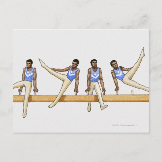 Sequence of illustrations showing male gymnast postcard (Front)