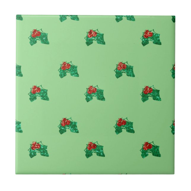 sequin christmas Holly Ceramic Tile (Front)