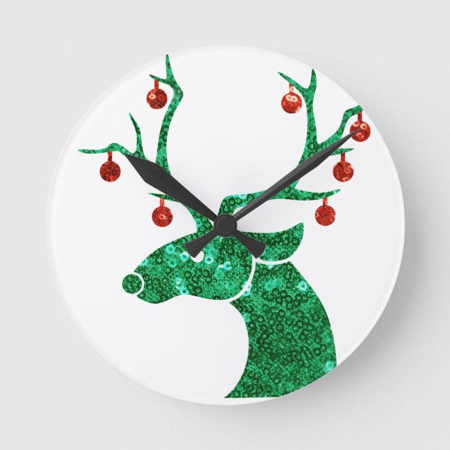 sequin christmas reindeer round clock (Front)