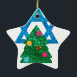 sequin christmukkah hanukkah ceramic ornament<br><div class="desc">christmukkah, "star of david", "christmas tree", christmas, xmas, "ugly christmas", interfaith, "inter faith", christian, chrismukkah, hanukkah, chanukkah glitter, sequins, jewish, holidays, jew, neon pink blue white blank</div>