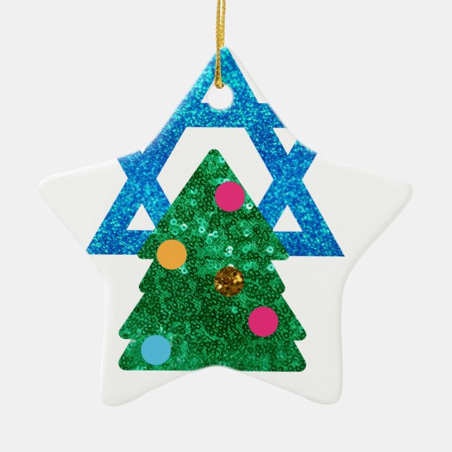 sequin christmukkah hanukkah ceramic ornament (Front)