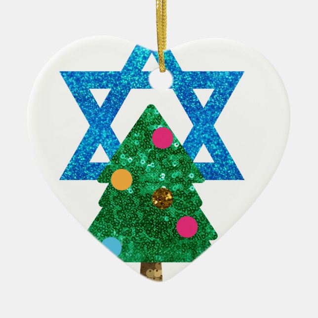 sequin christmukkah hanukkah ceramic tree decoration (Front)