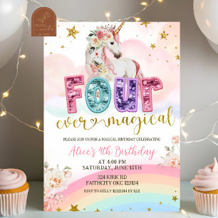 Sequin glitter Magical Unicorn 4th birthday Invitation