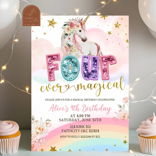 Sequin glitter Magical Unicorn 4th birthday Invitation (Creator Uploaded)
