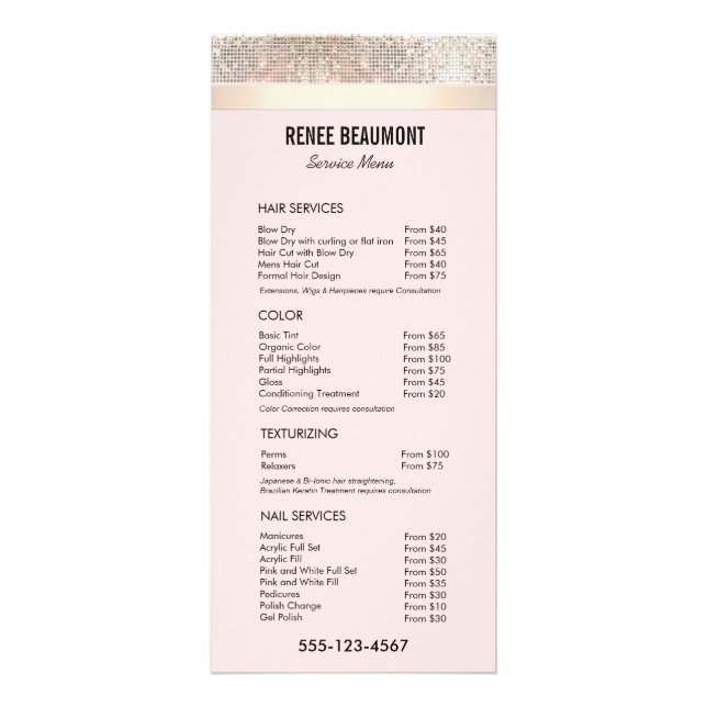 Sequin Gold Pink Salon Price List Service Menu (Front)