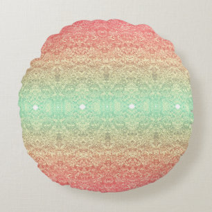 Sequin lace pattern gradient pink gold green round cushion