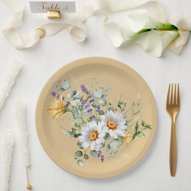 Sequin Light Yellow Daisies Lavender Shower Paper Plate (Wedding)