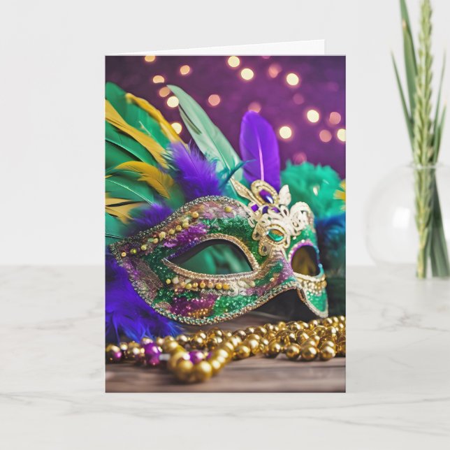 Sequin Mardi Gras Mask Birthday Card (Front)