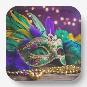 Sequin Mardi Gras Mask With Beads Paper Plate