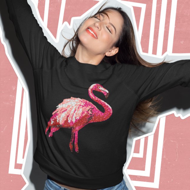 Sequin Printed Tropical Flamingo Pink Bird Black  Sweatshirt (Creator Uploaded)