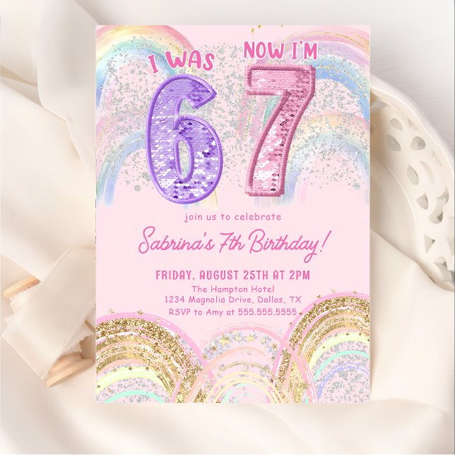 Sequin Rainbow Six Seven 67 Birthday Invitation (Creator Uploaded)