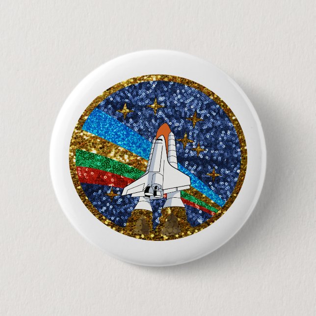sequin space ship 6 cm round badge (Front)