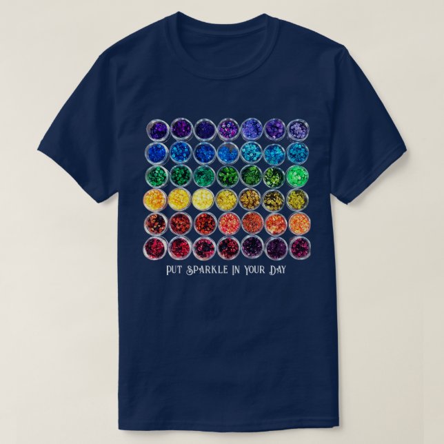  Sequin Sparkle Personalise Text Blue Cotton T-Shirt (Design Front)
