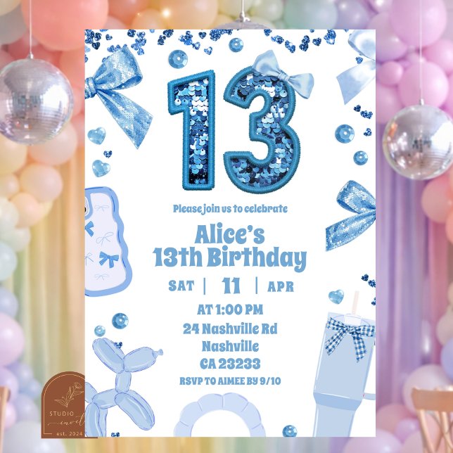 Sequins Blue Bow 13 aesthetic teenager birthday Invitation (Creator Uploaded)