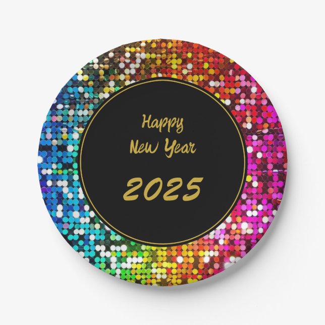 Sequins Custom New Year Gold Black Paper Plate (Front)