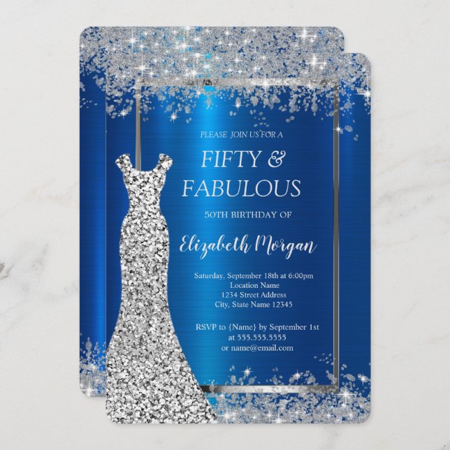 Sequins Dress Glitter Confetti Blue Metallic 50th  Invitation (Front/Back)