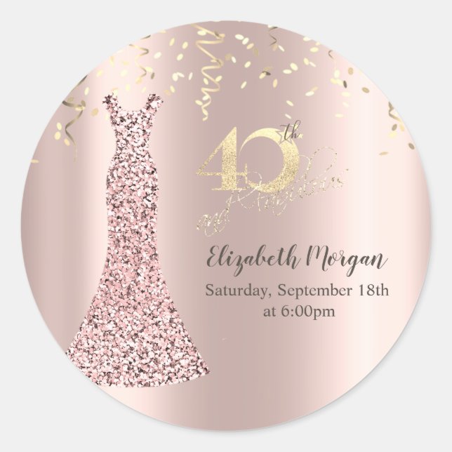 Sequins Dress Rose Gold 40th Birthday  Classic Round Sticker (Front)