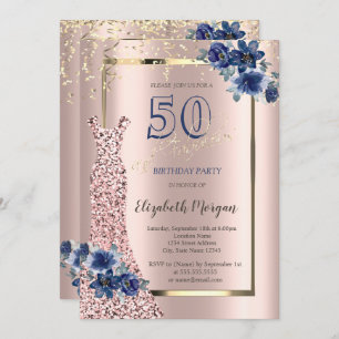 Sequins Dress Rose Gold, Blue Flowers 50th Invitation