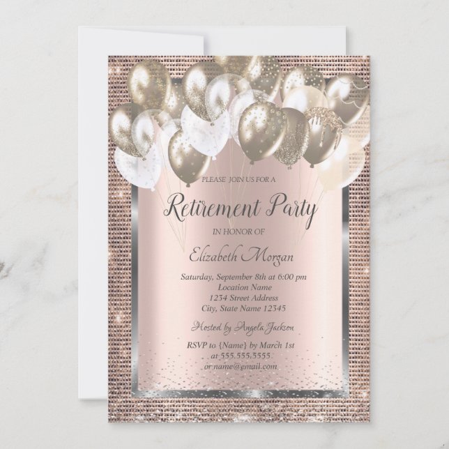Sequins Frame Balloons Rose Gold Retirement  Invitation (Front)