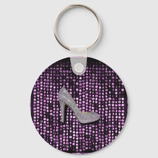 Sequins High Heel shoe purple silver Key Ring (Front)