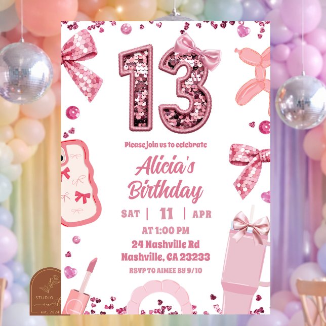Sequins Pink Bow teenager Birthday Invitation (Creator Uploaded)