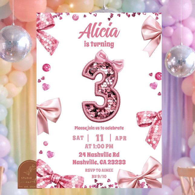 Sequins Pink Bow Three Girl Birthday Invitation (Creator Uploaded)