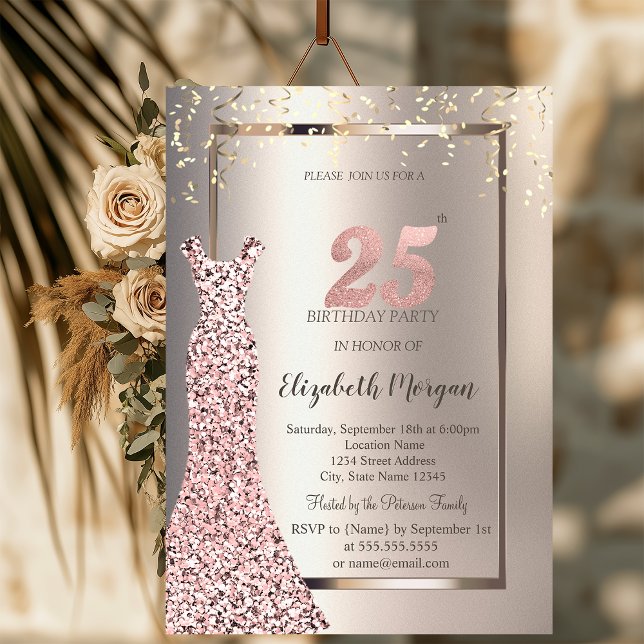 Sequins Rose Gold Dress Ivory 25th Birthday Invitation (Creator Uploaded)