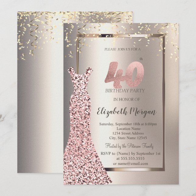 Sequins Rose Gold Dress Ivory 40th Birthday Invitation (Front/Back)
